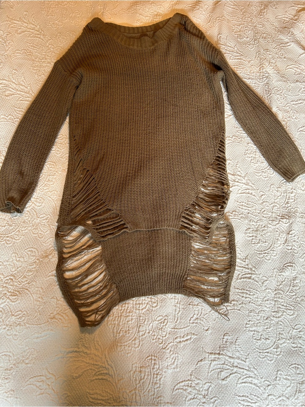 Distressed Knit Long Sleeve Tunic Sweater - Brown